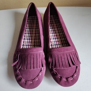 Lands' End Women's Berry Purple Suede Fringe Moccasins Sz 11D-Slip-On Casual